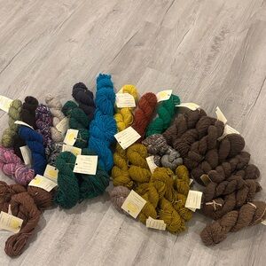 Hand spun and hand dyed yarn. Some natural colors. Whole lot